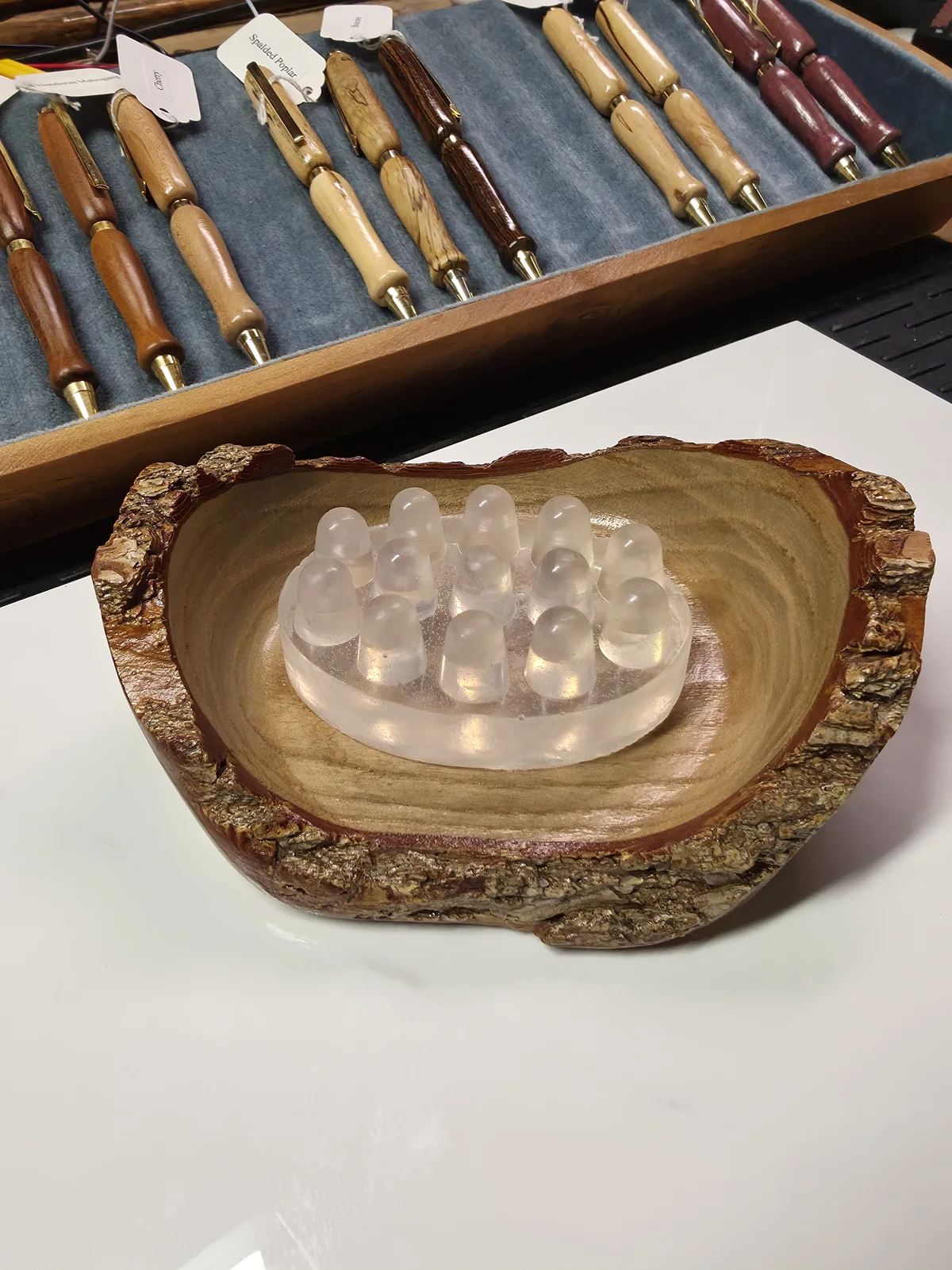 Clear ExE soap samples arranged for feedback and display review.