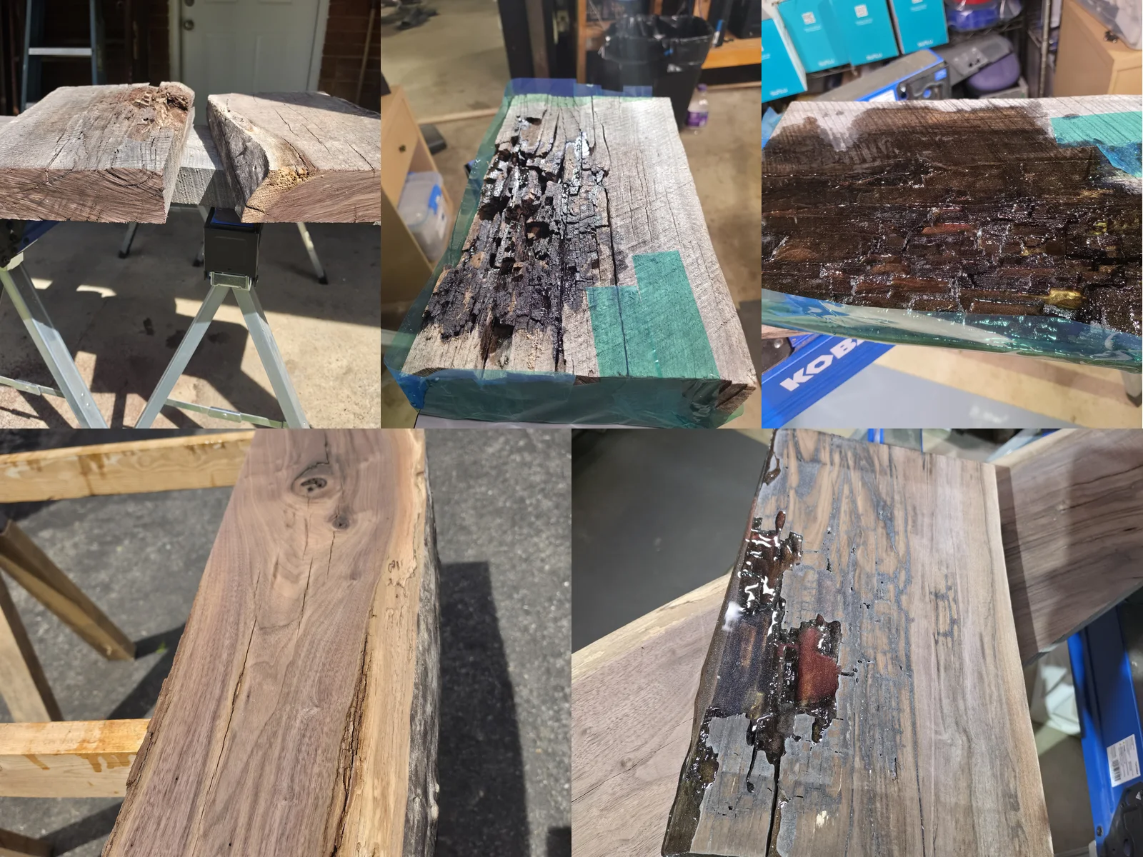 Red walnut slab process collage showing reclaimed material development and surface work.
